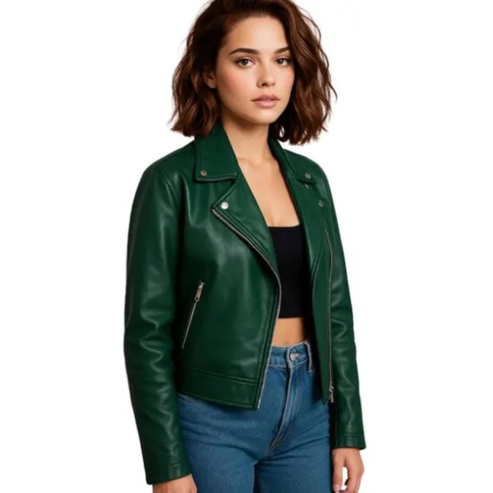 TRUCCO TRENDS Green Faux Leather Moto Jacket